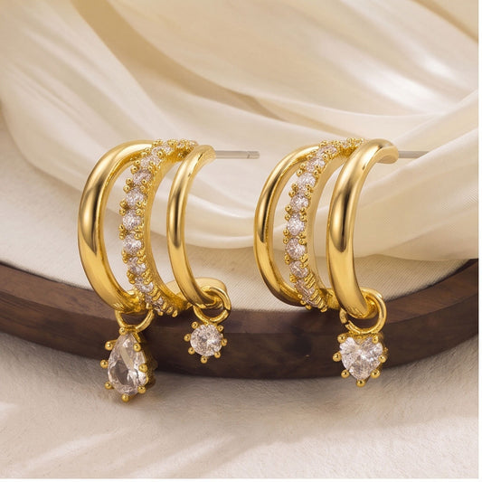 Triple Band Hoop Earrings | Teardrop & Heart CZ Dangle Drop Earrings