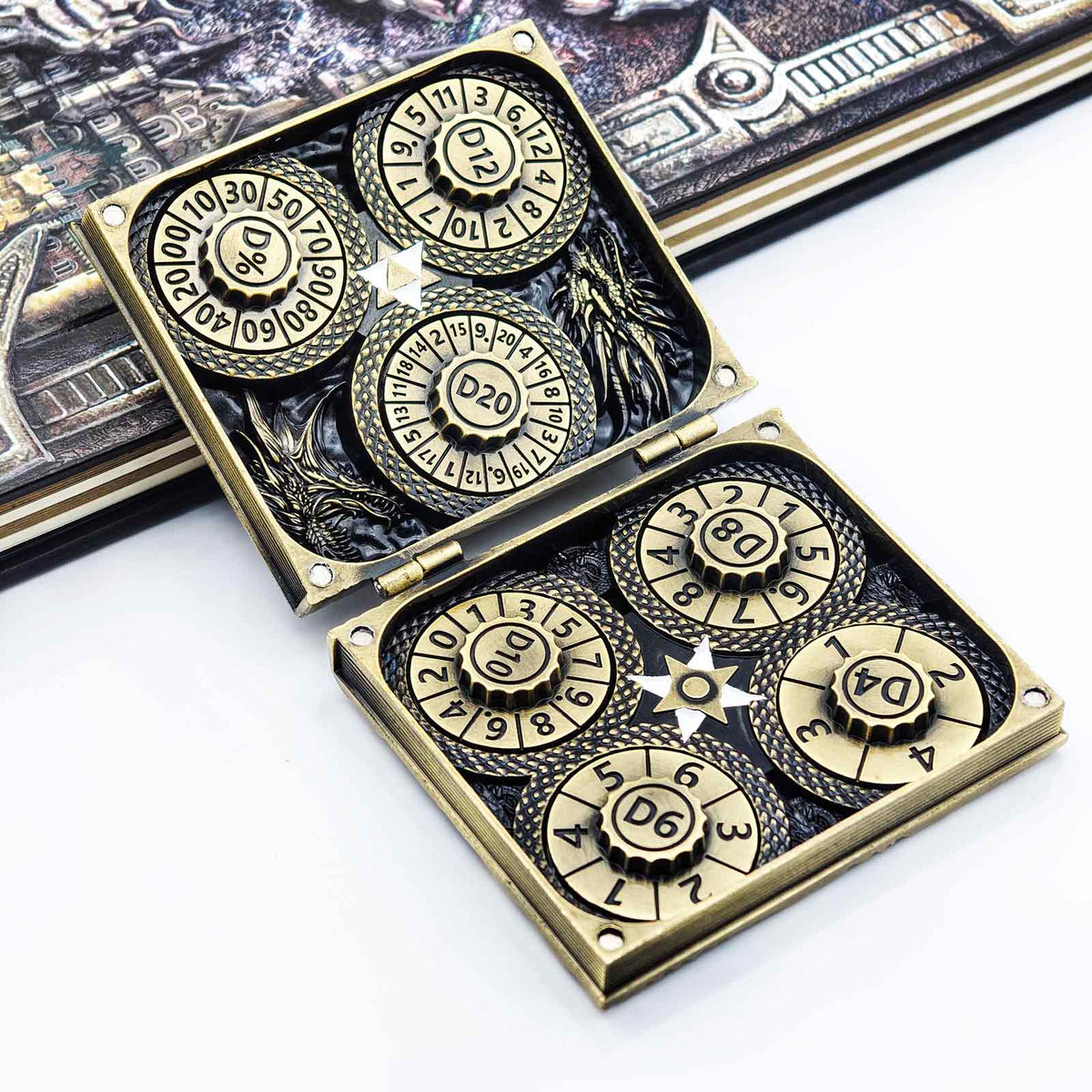 Masters Dice Codex #001 – Spellbook | 7-in-1 Pocket Spinner DND Dice Set