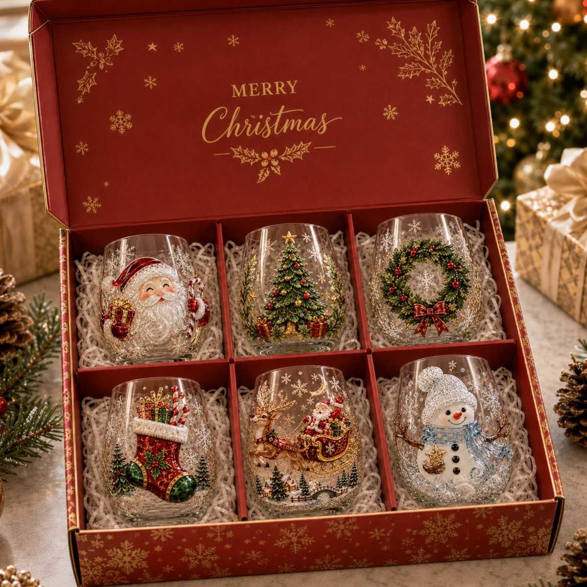 Magical Christmas 3D Glass Cup Collection – Santa. Reindeer. Snowman & Christmas Tree