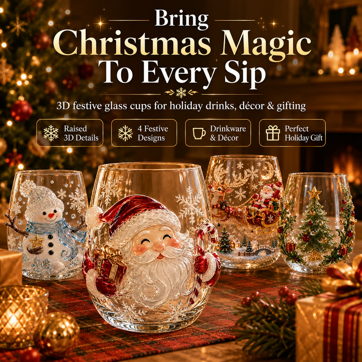Magical Christmas 3D Glass Cup Collection – Santa. Reindeer. Snowman & Christmas Tree