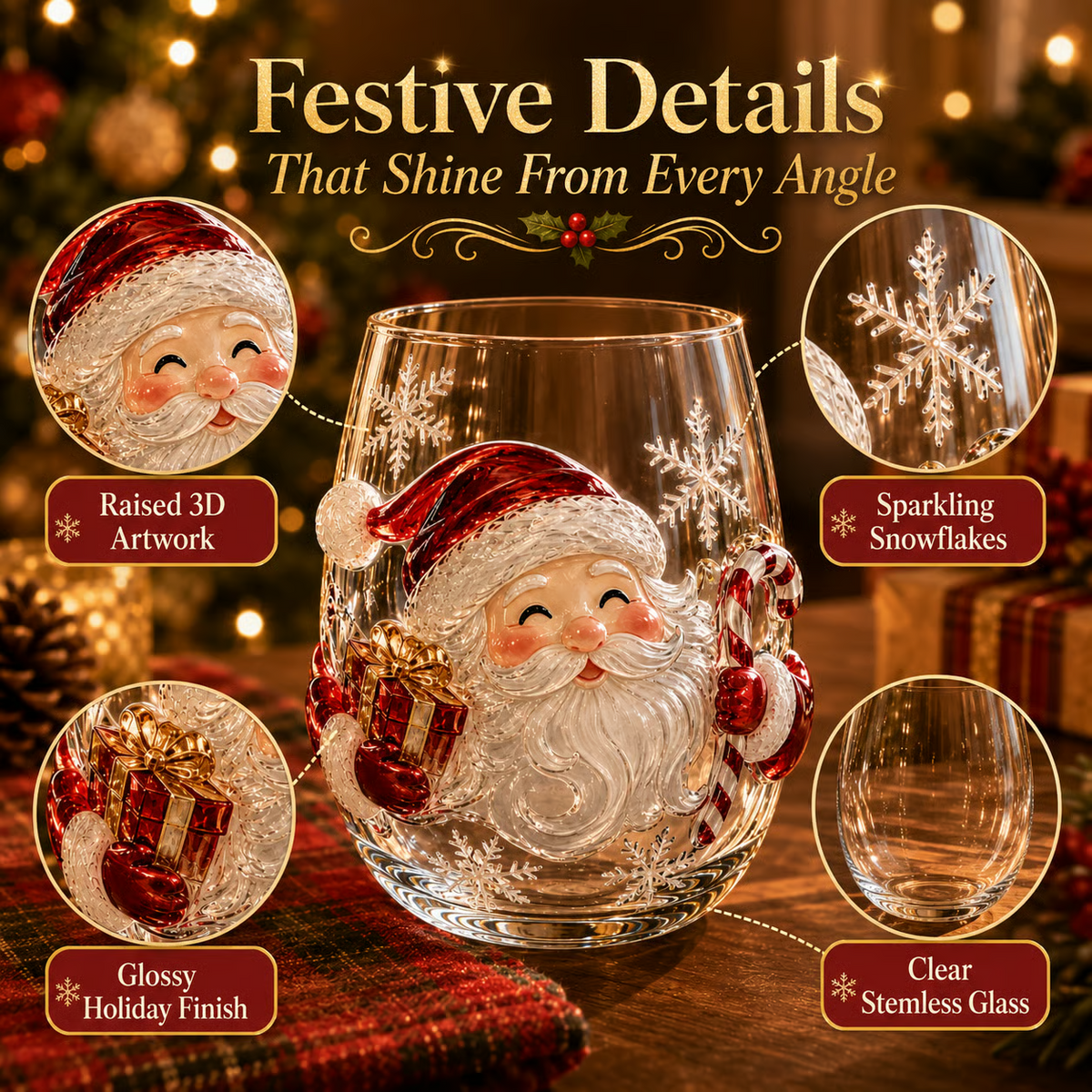 Magical Christmas 3D Glass Cup Collection – Santa. Reindeer. Snowman & Christmas Tree