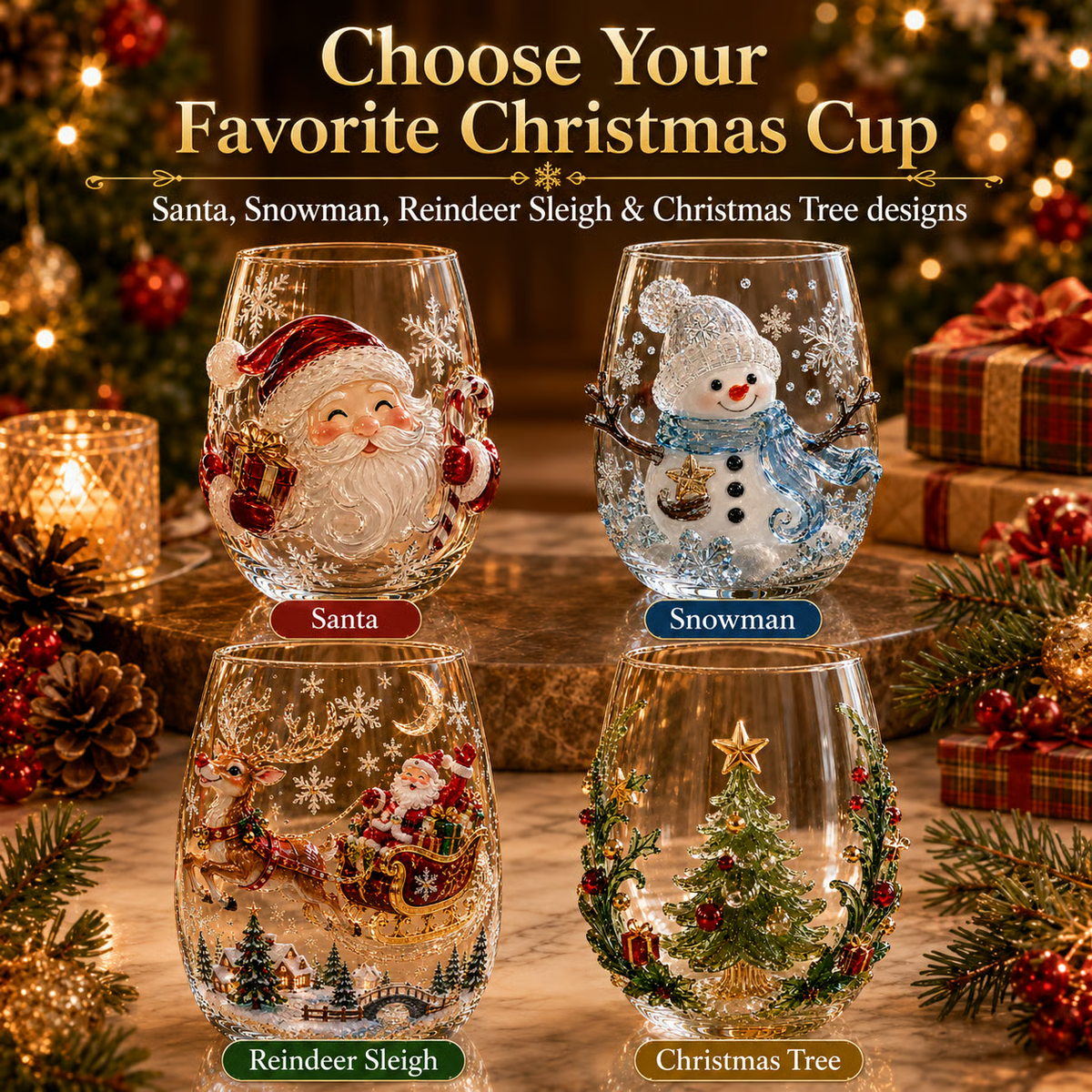 Magical Christmas 3D Glass Cup Collection – Santa. Reindeer. Snowman & Christmas Tree
