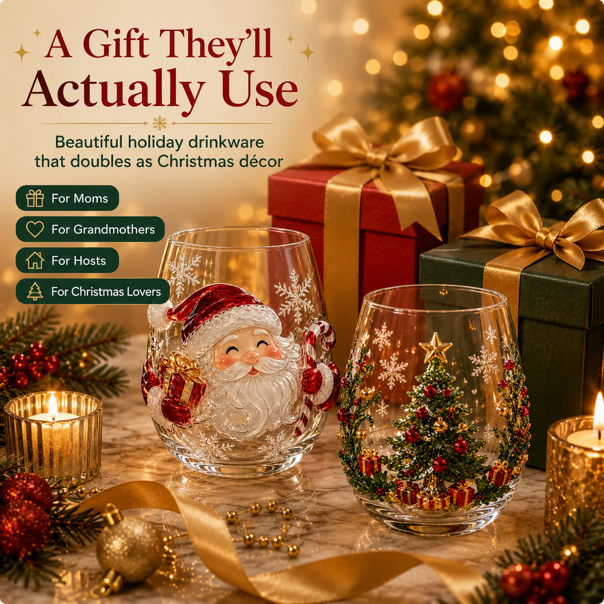 Magical Christmas 3D Glass Cup Collection – Santa. Reindeer. Snowman & Christmas Tree